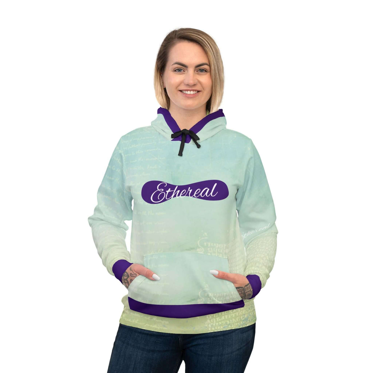 Ethereal Athletic Hoodie with Faded Script Design