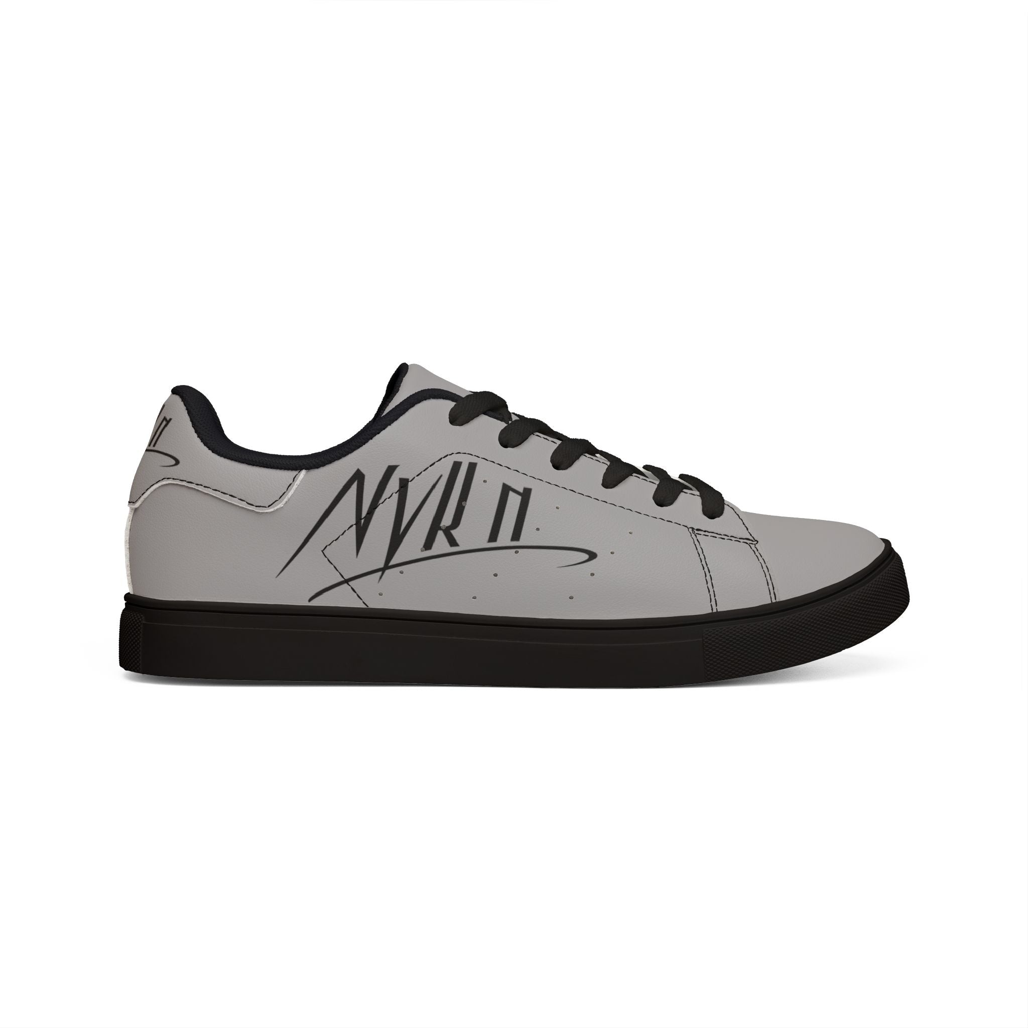 Leather Low-Top Sneakers — Minimal Gray Casual Shoes with Script Accent