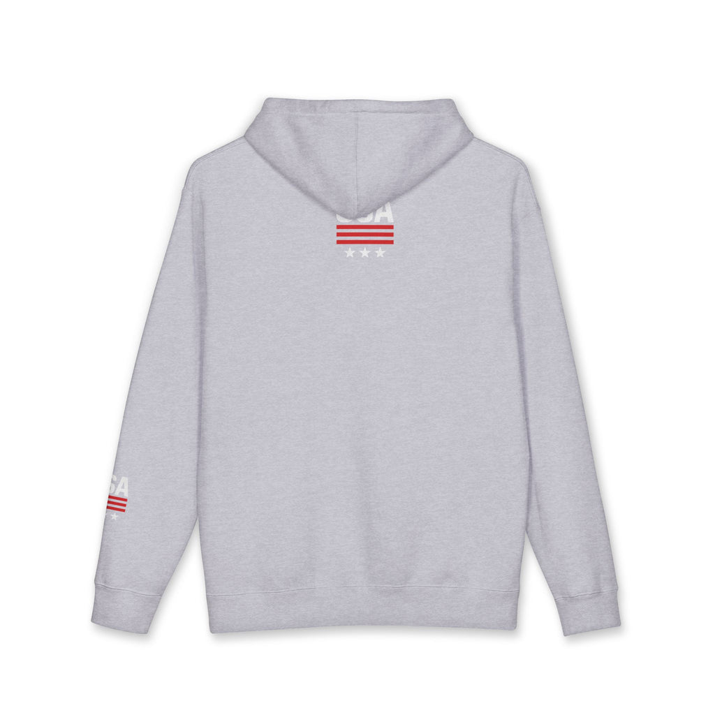 USA Minimal Flag Hoodie — Patriotic White Pullover