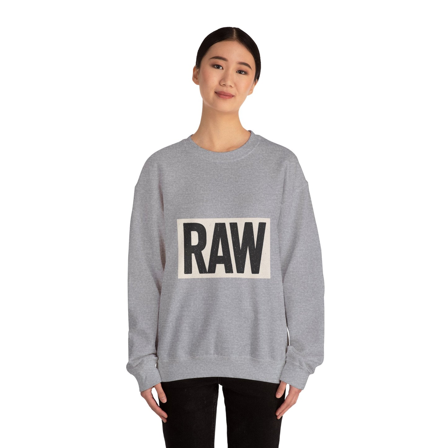 Stylish RAW Graphic Crewneck Sweatshirt, Unisex Casual Wear, Cozy Winter Layer, Trendy Streetwear, Perfect Gift for Him/Her Printify