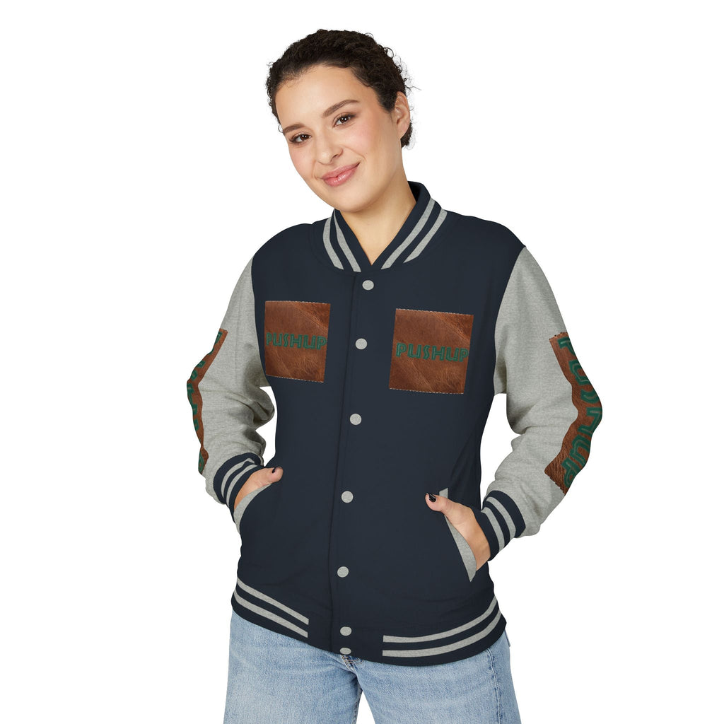 Unisex Heavyweight Letterman Jacket - Bold PUSHUP Design for Sporty Style Printify
