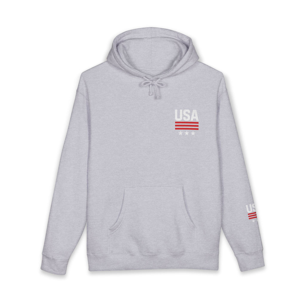 USA Minimal Flag Hoodie — Patriotic White Pullover