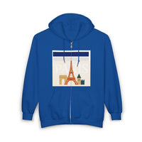 Paris-Themed Unisex Heavy Blend Full Zip Hooded Sweatshirt, Cozy Travel Hoodie, Gift for Explorers, Paris Souvenir, Urban Chic Style Printify