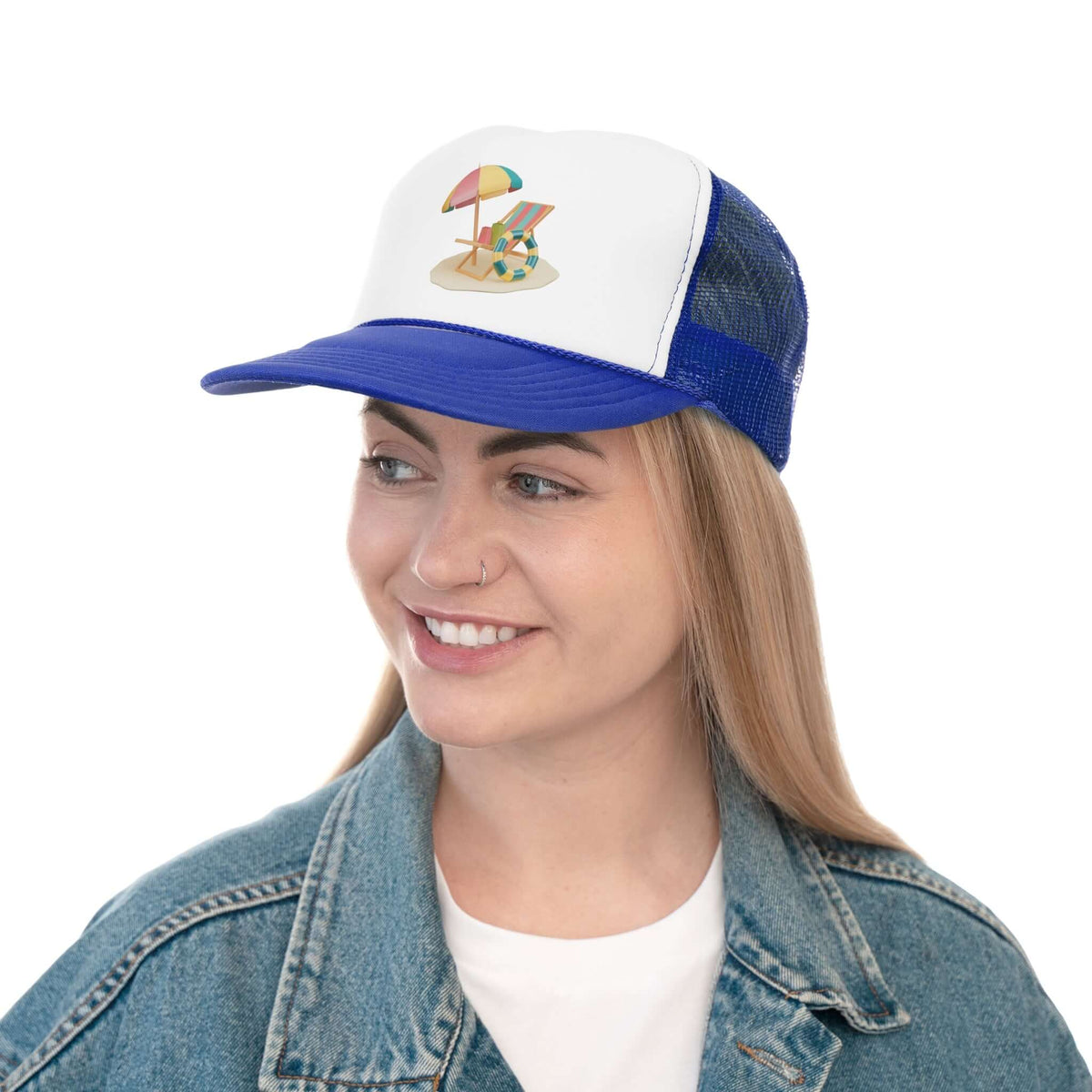 Woman wearing RC'nSONS Sunny Resort Trucker Cap with beach design, perfect for sunny days and casual outfits.