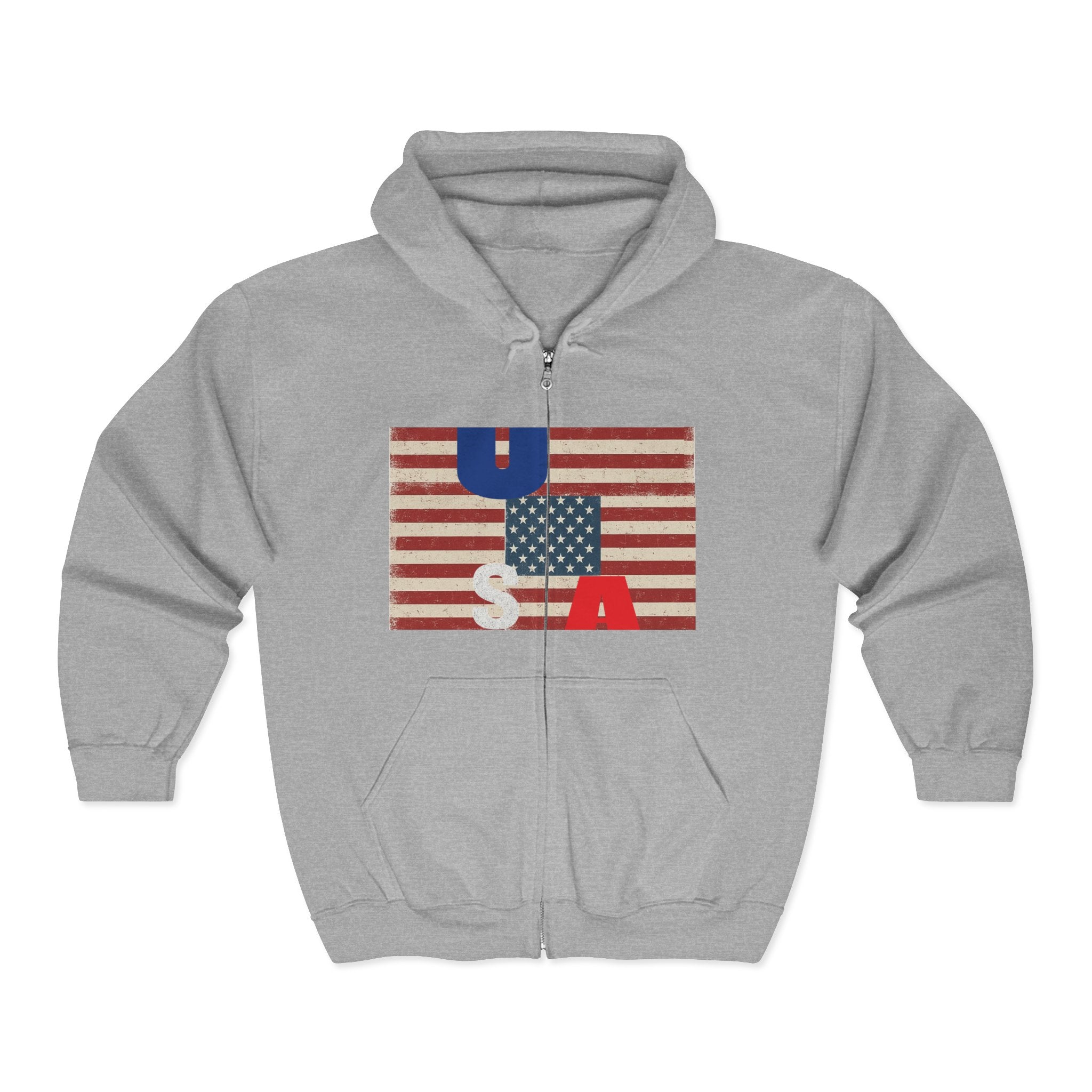 Vintage American Flag Zip-Up Hoodie, Patriotic Sweatshirt for Men and Women, Cozy Casual Wear, Perfect for Independence Day, Gifts for [...] Printify
