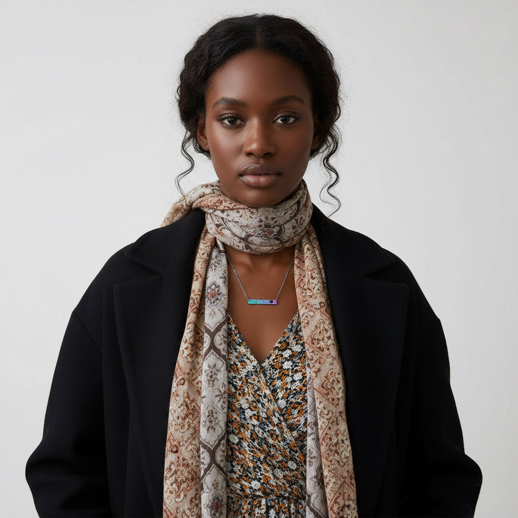 Necklace - Cutout Heart Bar Necklace (Engraving) with 'Born is being' Design Printify