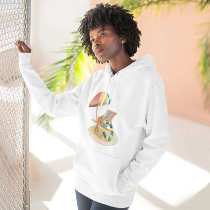 Model wearing a white Sunny Resort Hoodie with a colorful beach umbrella design, featuring a relaxed and cozy vibe.