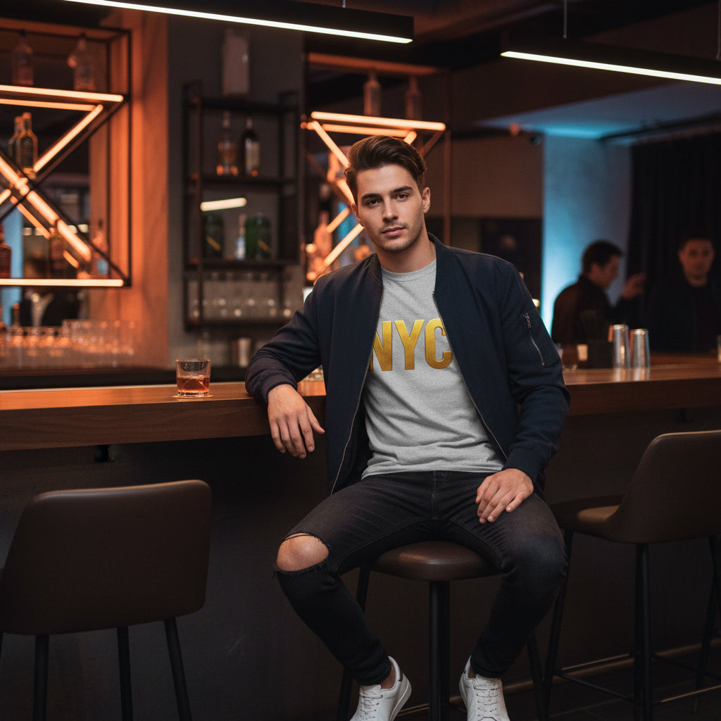 NYC Gold Foil Unisex T-Shirt, Trendy NYC Graphic Tee, Casual Urban Wear, Perfect Gift for Travelers, Stylish Streetwear, Birthday or Holiday Printify