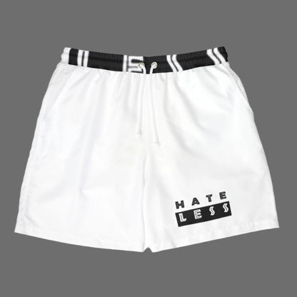 HATE LESS Unisex Swim Shorts - Comfortable & Stylish Beachwear Printify