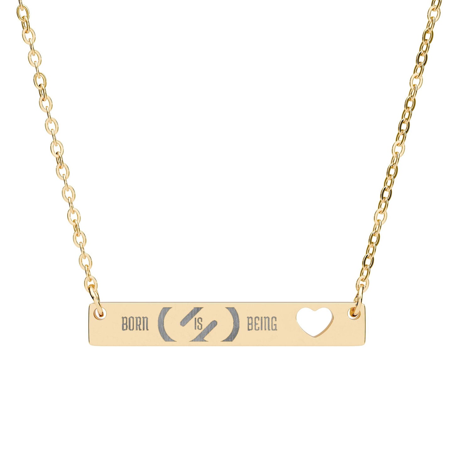 Necklace - Cutout Heart Bar Necklace (Engraving) with 'Born is being' Design Printify