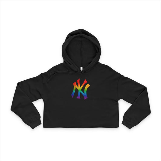 Women's Rainbow NY Cropped Hoodie, Stylish Cropped Sweatshirt, LGBTQ+ Pride Apparel, Sporty Crop Top, Trendy Casual Wear Printify