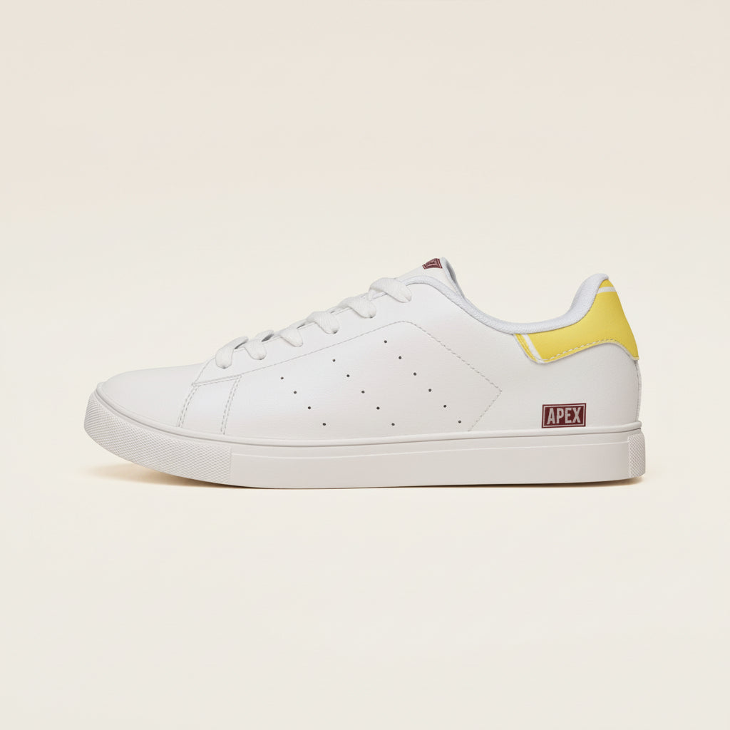 Leather Low-Top Sneakers — Classic White with Yellow Heel Accent