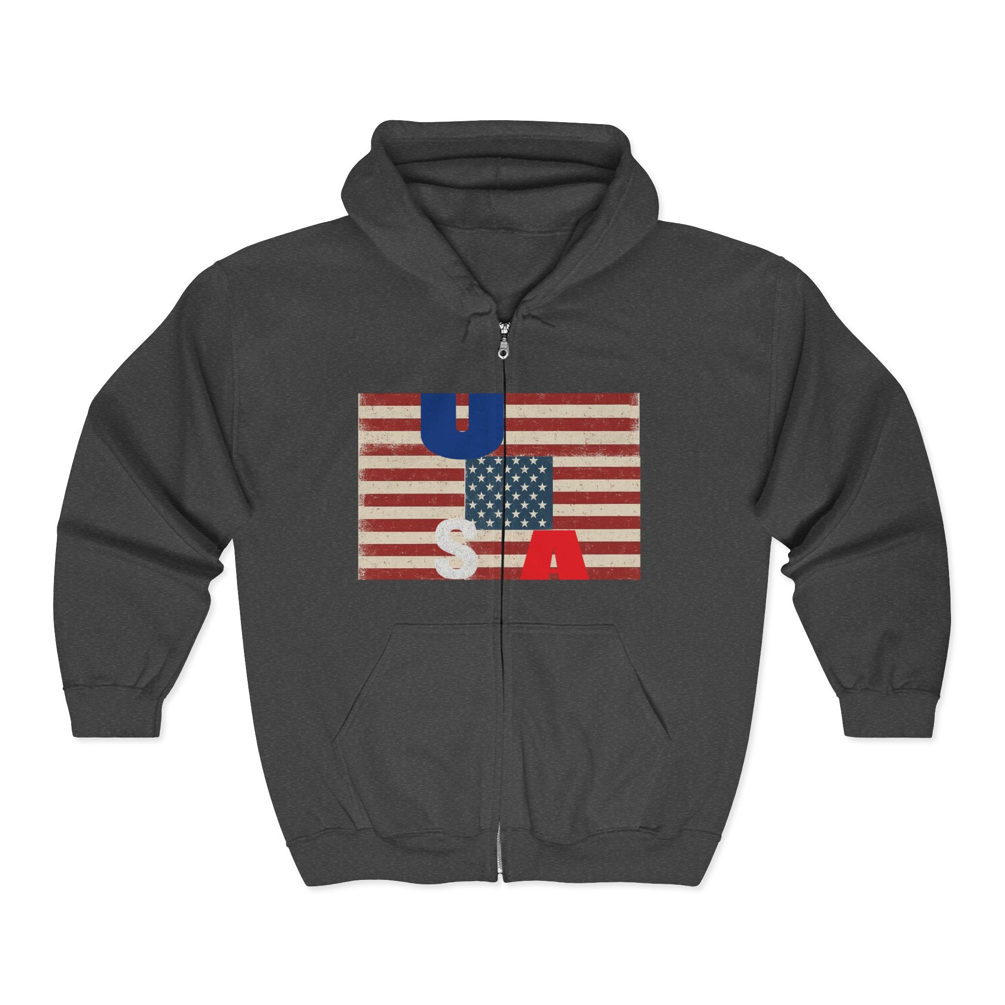 Vintage American Flag Zip-Up Hoodie, Patriotic Sweatshirt for Men and Women, Cozy Casual Wear, Perfect for Independence Day, Gifts for [...] Printify