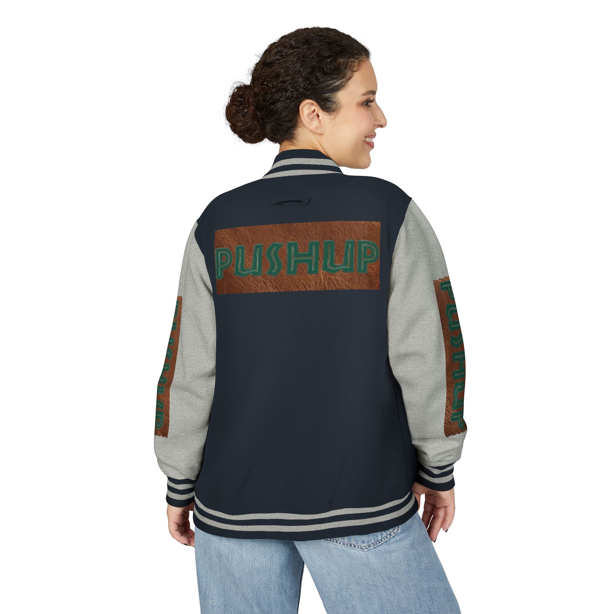 Unisex Heavyweight Letterman Jacket - Bold PUSHUP Design for Sporty Style Printify