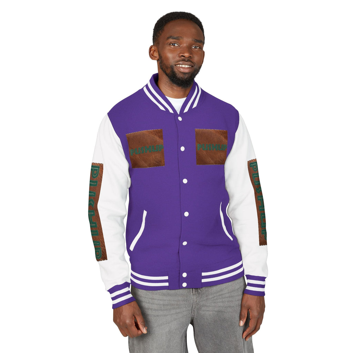 Unisex Heavyweight Letterman Jacket - Bold PUSHUP Design for Sporty Style Printify