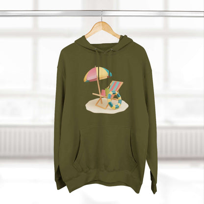 Olive green hoodie featuring a beach umbrella and chair graphic, perfect for a relaxed summer vibe.