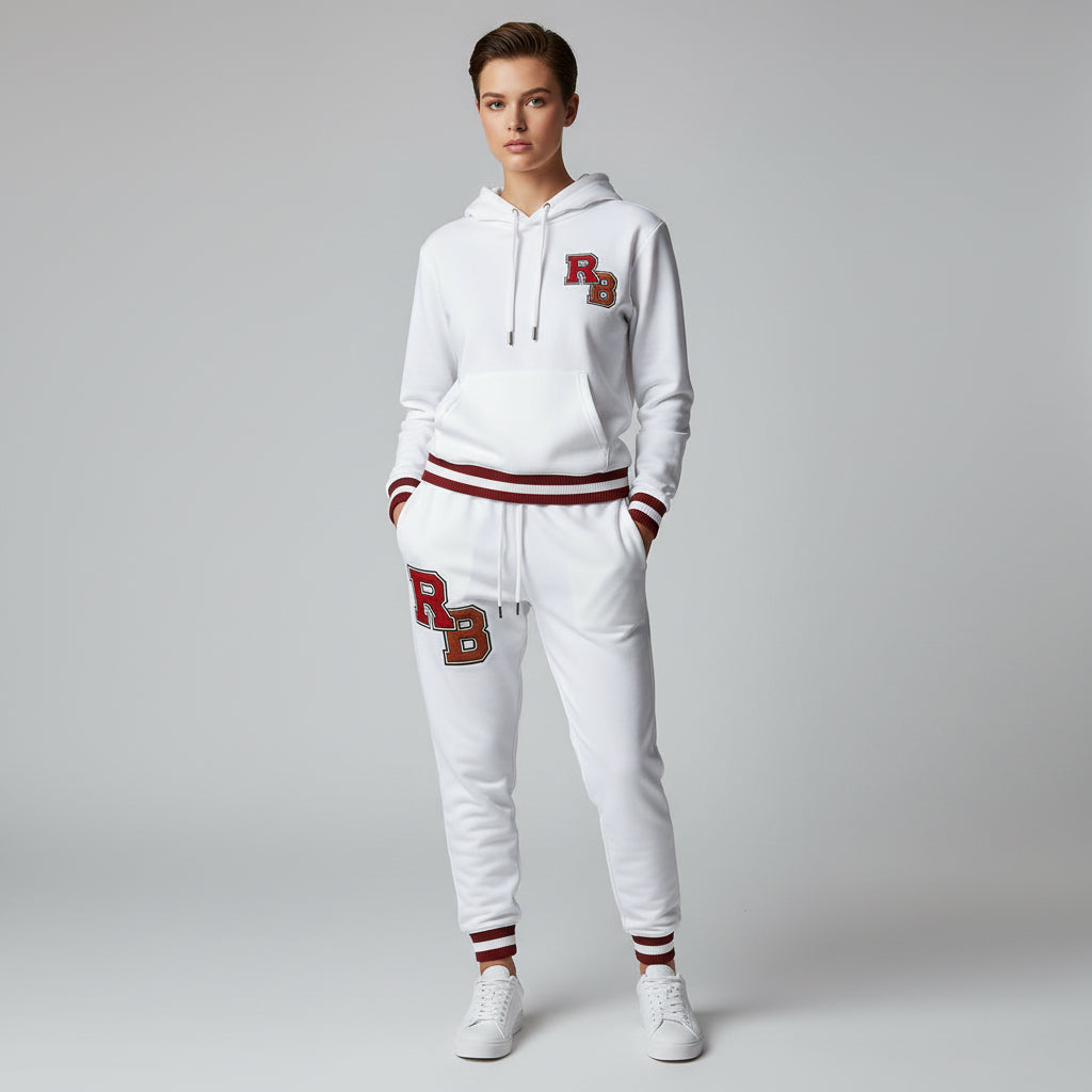 White Athletic Joggers with RB Varsity Patch — Retro Sporty Lounge Pants Printify