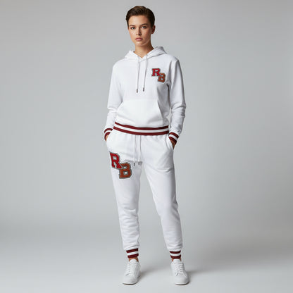 White Athletic Joggers with RB Varsity Patch — Retro Sporty Lounge Pants Printify