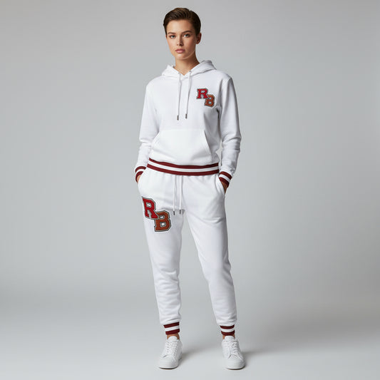 White Athletic Joggers with RB Varsity Patch — Retro Sporty Lounge Pants Printify