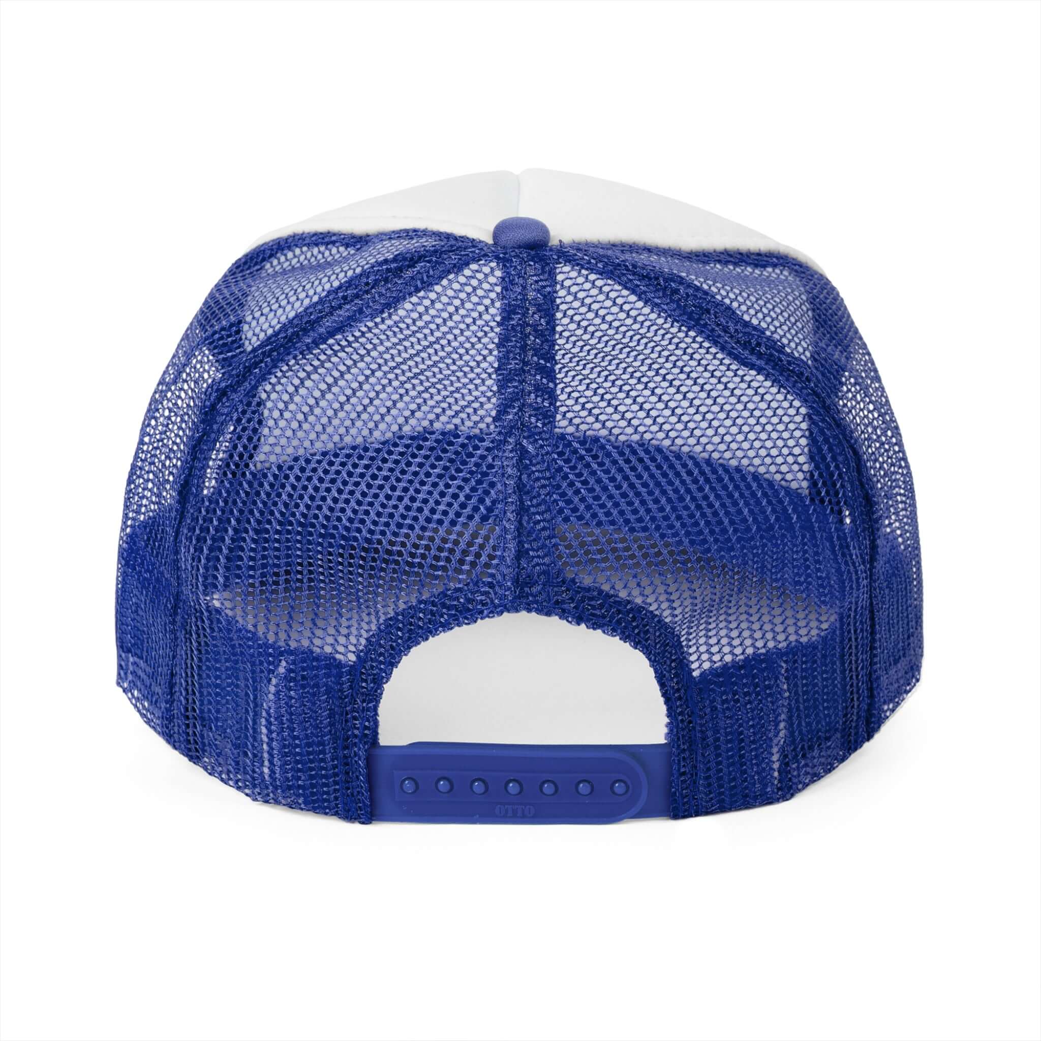 Back view of RC'nSONS Sunny Resort Trucker Cap showcasing mesh design and adjustable strap in vibrant blue.