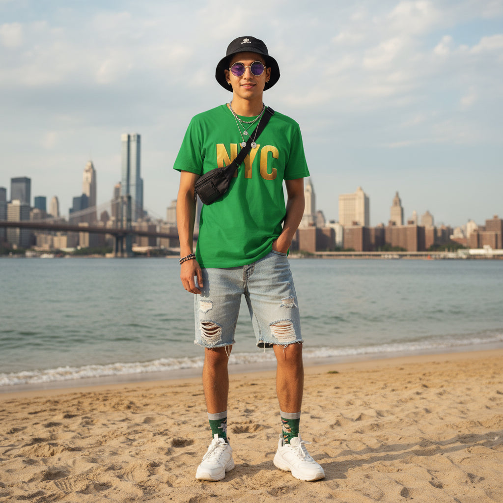 NYC Gold Foil Unisex T-Shirt, Trendy NYC Graphic Tee, Casual Urban Wear, Perfect Gift for Travelers, Stylish Streetwear, Birthday or Holiday Printify