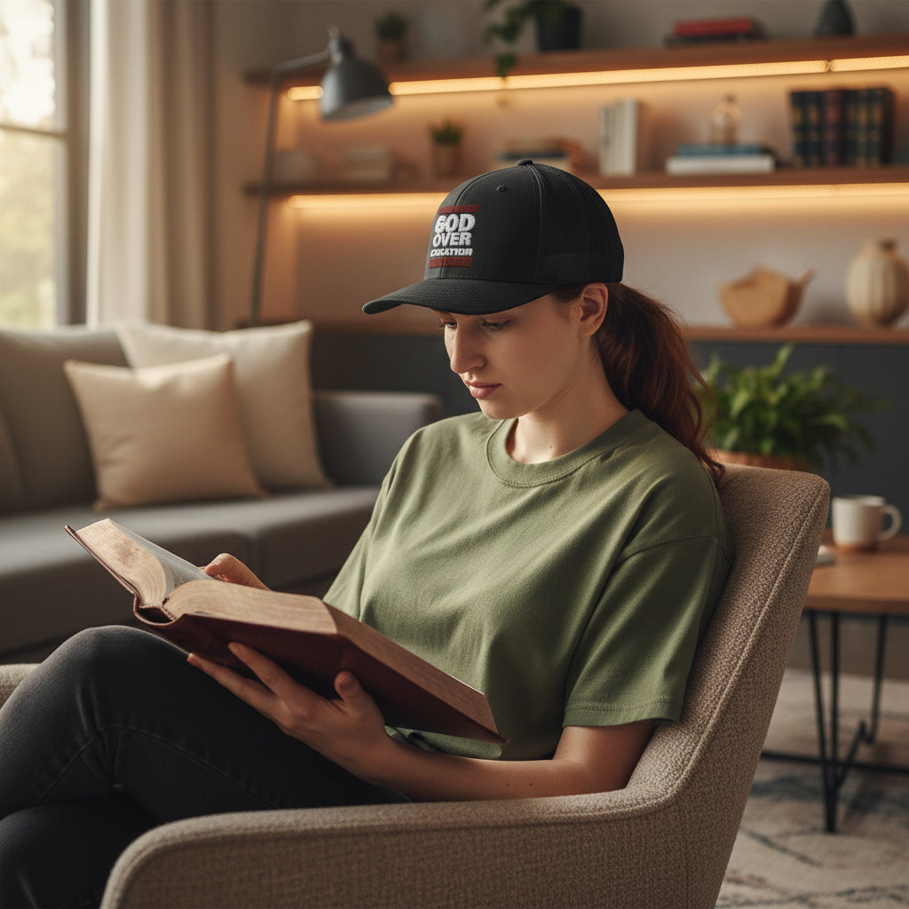 Faith-Inspired Snapback Cap | God Over Creation | Gift for Believers, Christian Apparel, Religious Accessories, Everyday Wear Printify