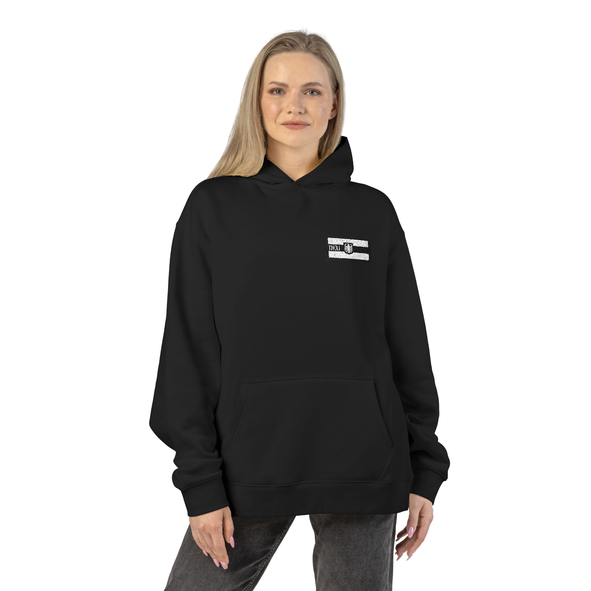 Hoodie — Minimal Black & White Flag Patch Relaxed Hoodie