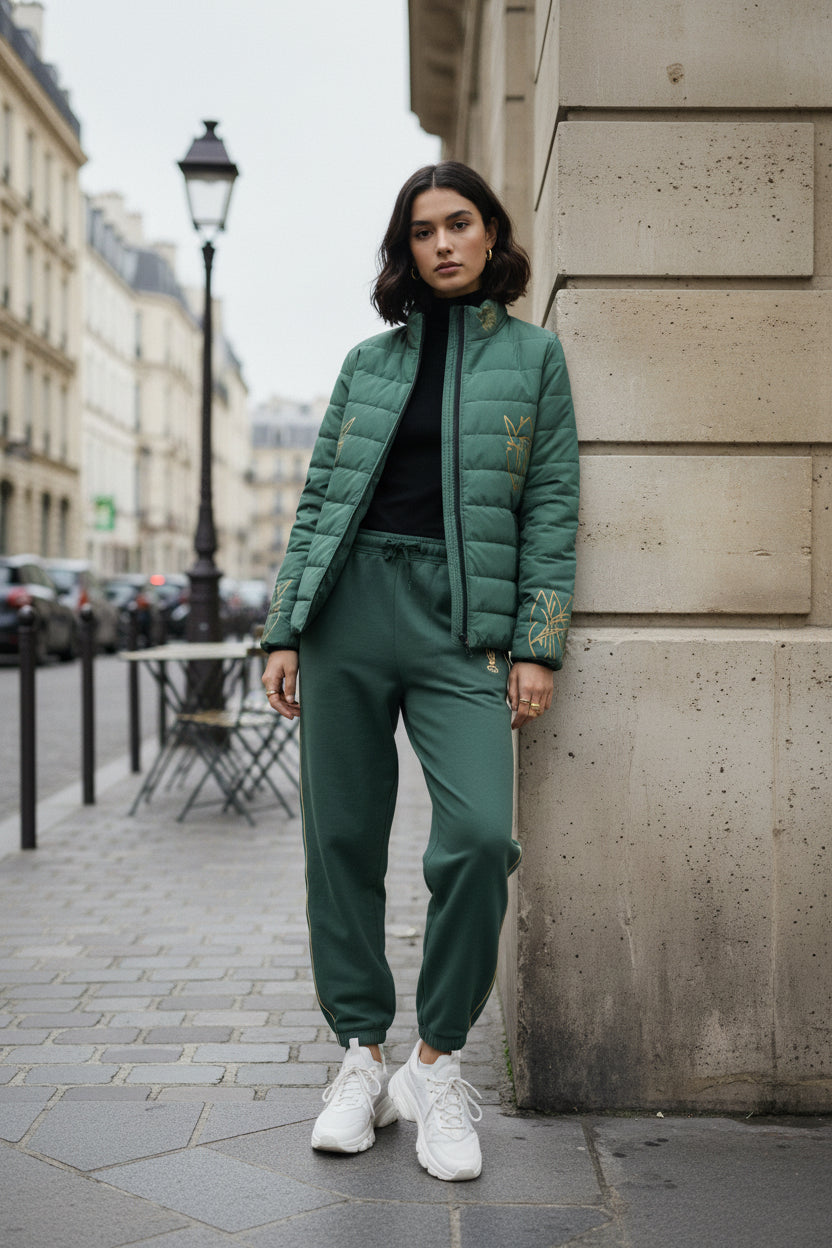 Green Women's Puffer Jacket with Subtle Gold Emblem — Lightweight Quilted Outerwear