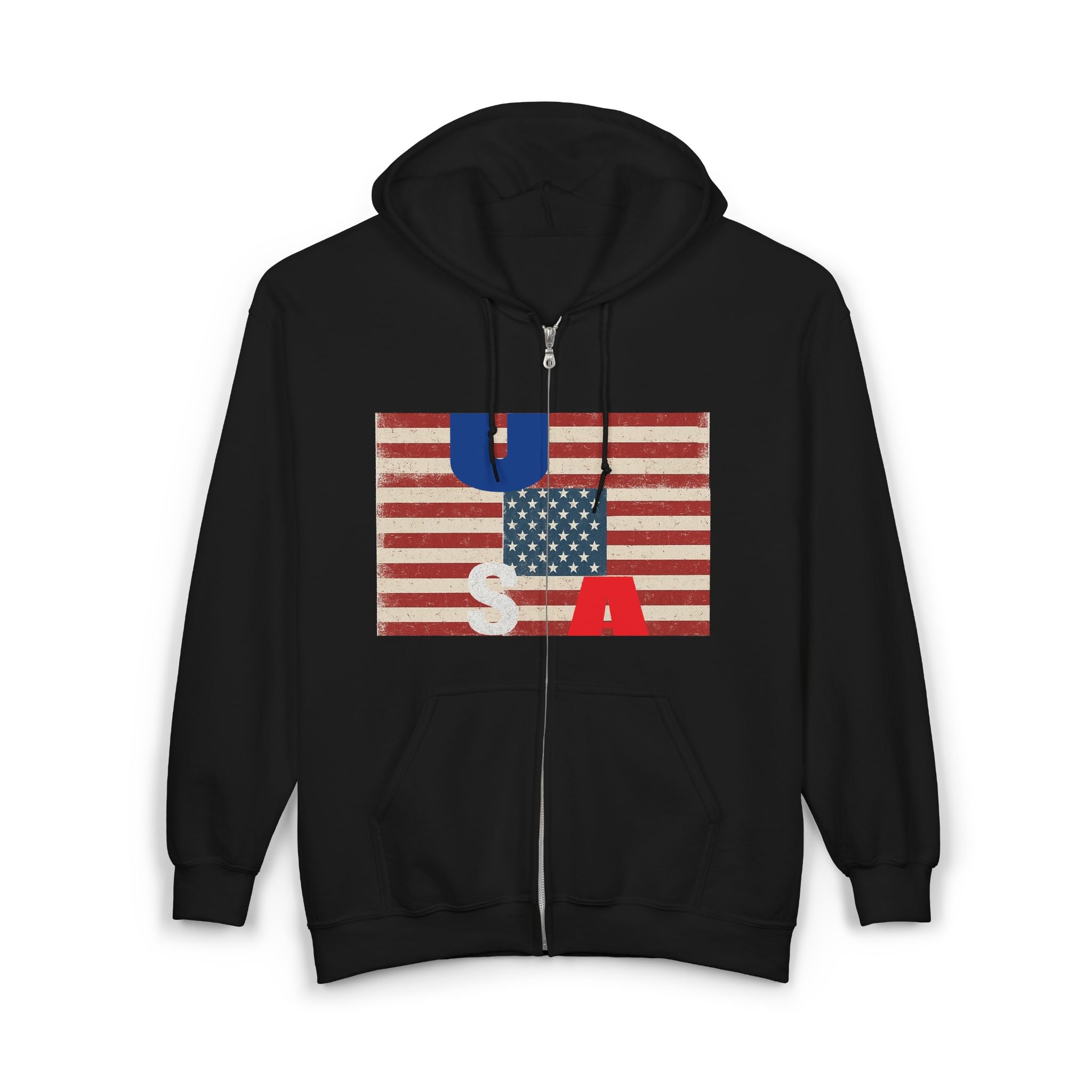 Vintage American Flag Zip-Up Hoodie, Patriotic Sweatshirt for Men and Women, Cozy Casual Wear, Perfect for Independence Day, Gifts for [...] Printify