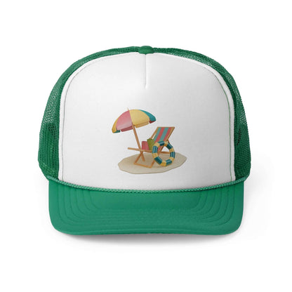 Green trucker cap with a colorful beach chair and umbrella design, perfect for sunny day outings.