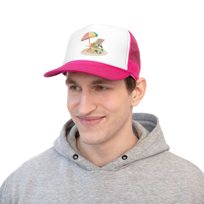 Man wearing a pink and white trucker cap featuring a beach umbrella and chair design, perfect for sunny days.
