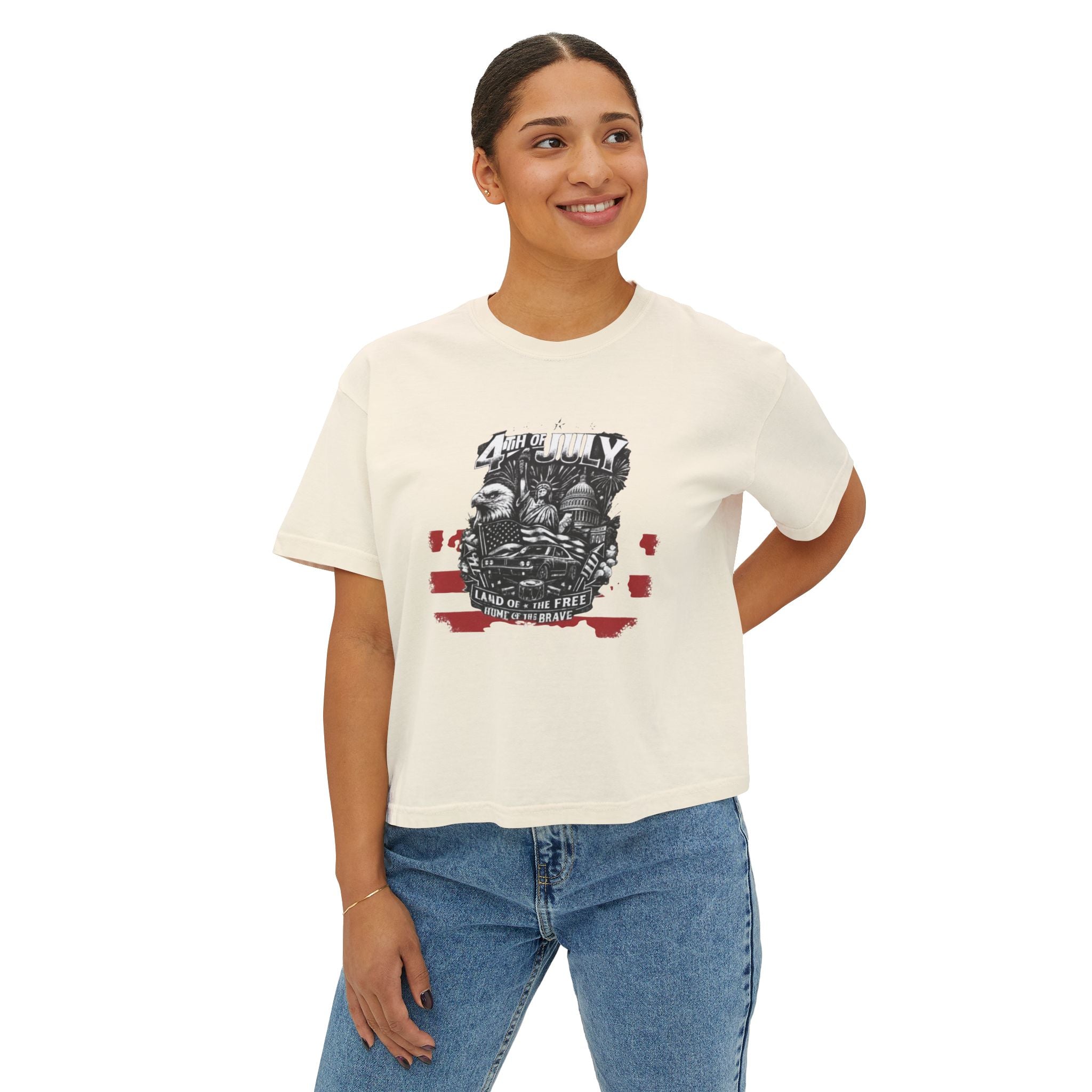 Women's Boxy Tee — Patriotic 'Land of the Free' Vintage Eagle Graphic