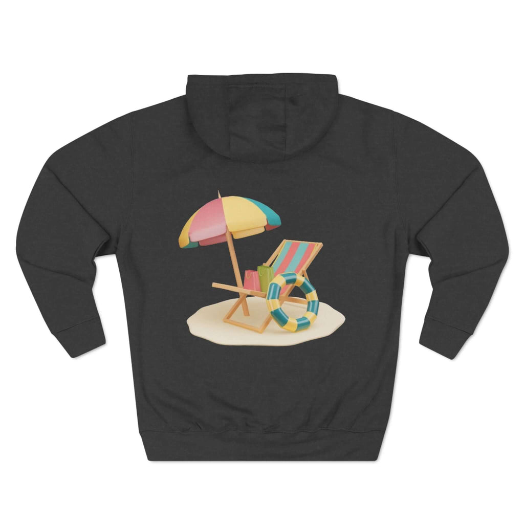 Back view of Sunny Resort Hoodie featuring a beach chair, umbrella, and float design for a relaxed vibe.
