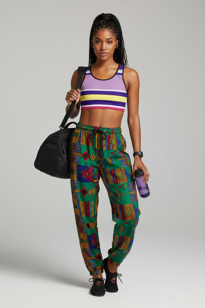 Purple Yellow Striped Sports Bra — Vibrant Allover-Print Activewear