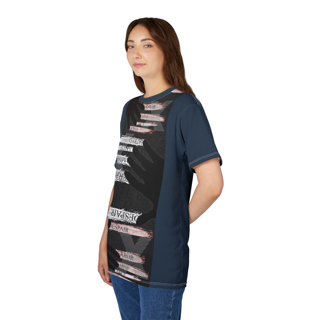 Artistic Unisex Tee with Hands Design, Unique Graphic Shirt, Fashionable AOP Tee, Statement Wear, Gender-Neutral Fashion Printify