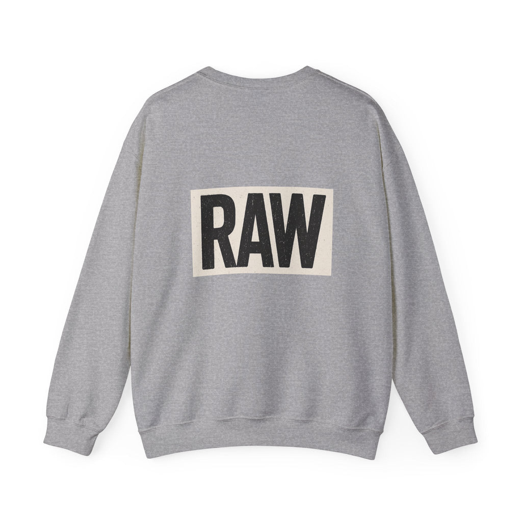 Stylish RAW Graphic Crewneck Sweatshirt, Unisex Casual Wear, Cozy Winter Layer, Trendy Streetwear, Perfect Gift for Him/Her Printify
