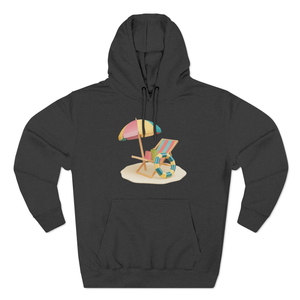 Dark hoodie with a beach chair and umbrella graphic, perfect for a relaxed summer vibe.