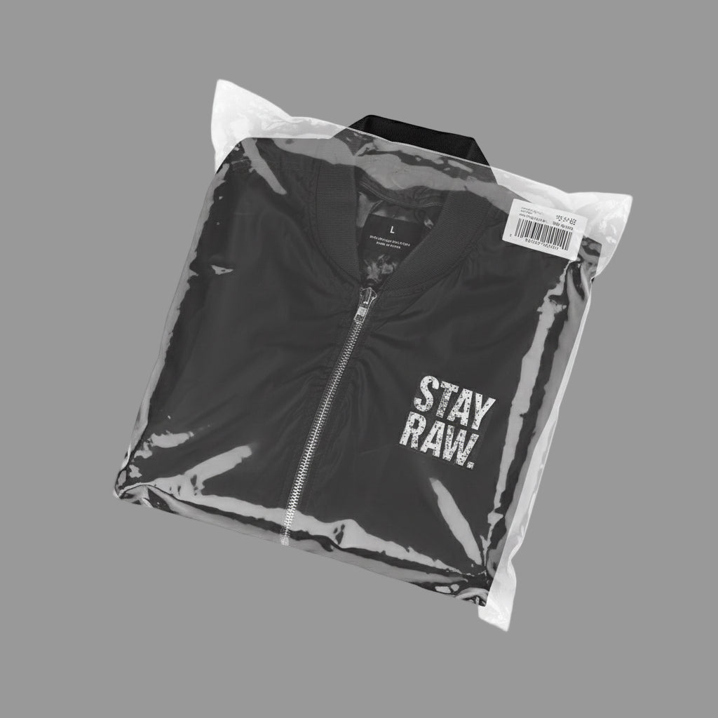 Recycled Bomber Jacket with Stay Raw Embroidery, Eco-Friendly Fashion, Vintage Style Jacket, Unisex Streetwear, Perfect Gift for [...] Printify