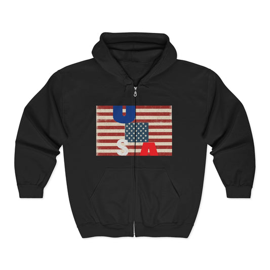 Vintage American Flag Zip-Up Hoodie, Patriotic Sweatshirt for Men and Women, Cozy Casual Wear, Perfect for Independence Day, Gifts for [...] Printify