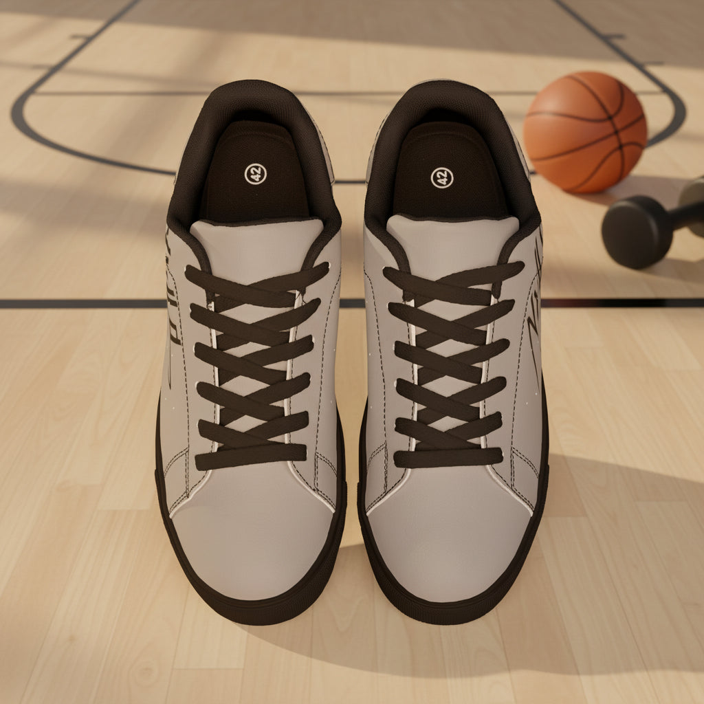 Leather Low-Top Sneakers — Minimal Gray Casual Shoes with Script Accent