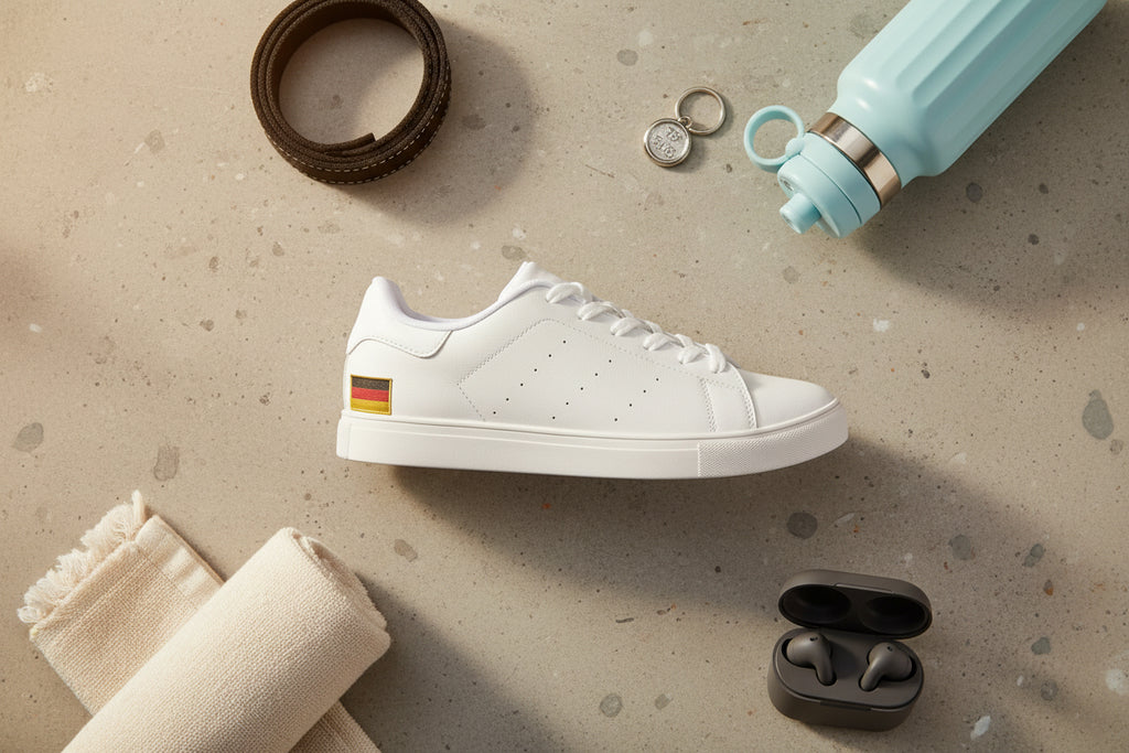 White Leather Low-Top Sneakers with Minimal German Flag Accent
