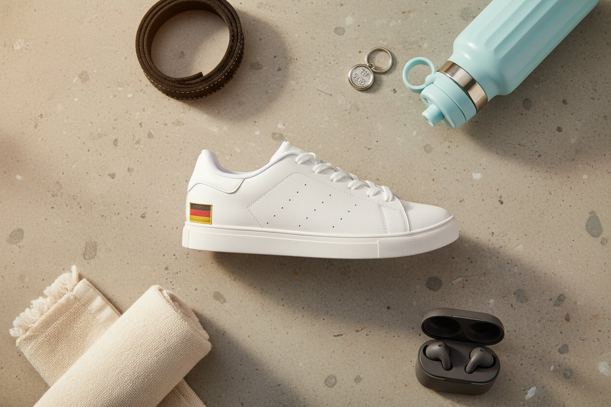 White Leather Low-Top Sneakers with Minimal German Flag Accent