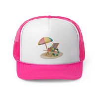 Colorful pink trucker cap featuring a beach scene with an umbrella and chair, perfect for sunny days and casual wear.