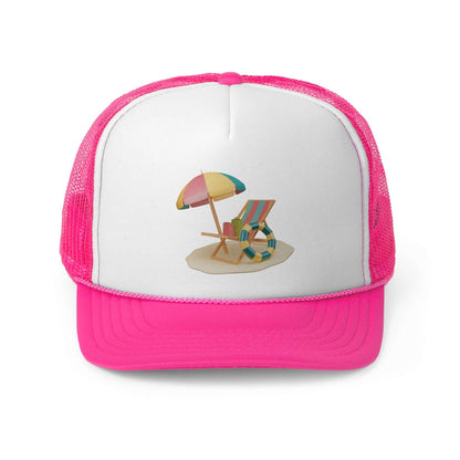 Colorful pink trucker cap featuring a beach scene with an umbrella and chair, perfect for sunny days and casual wear.
