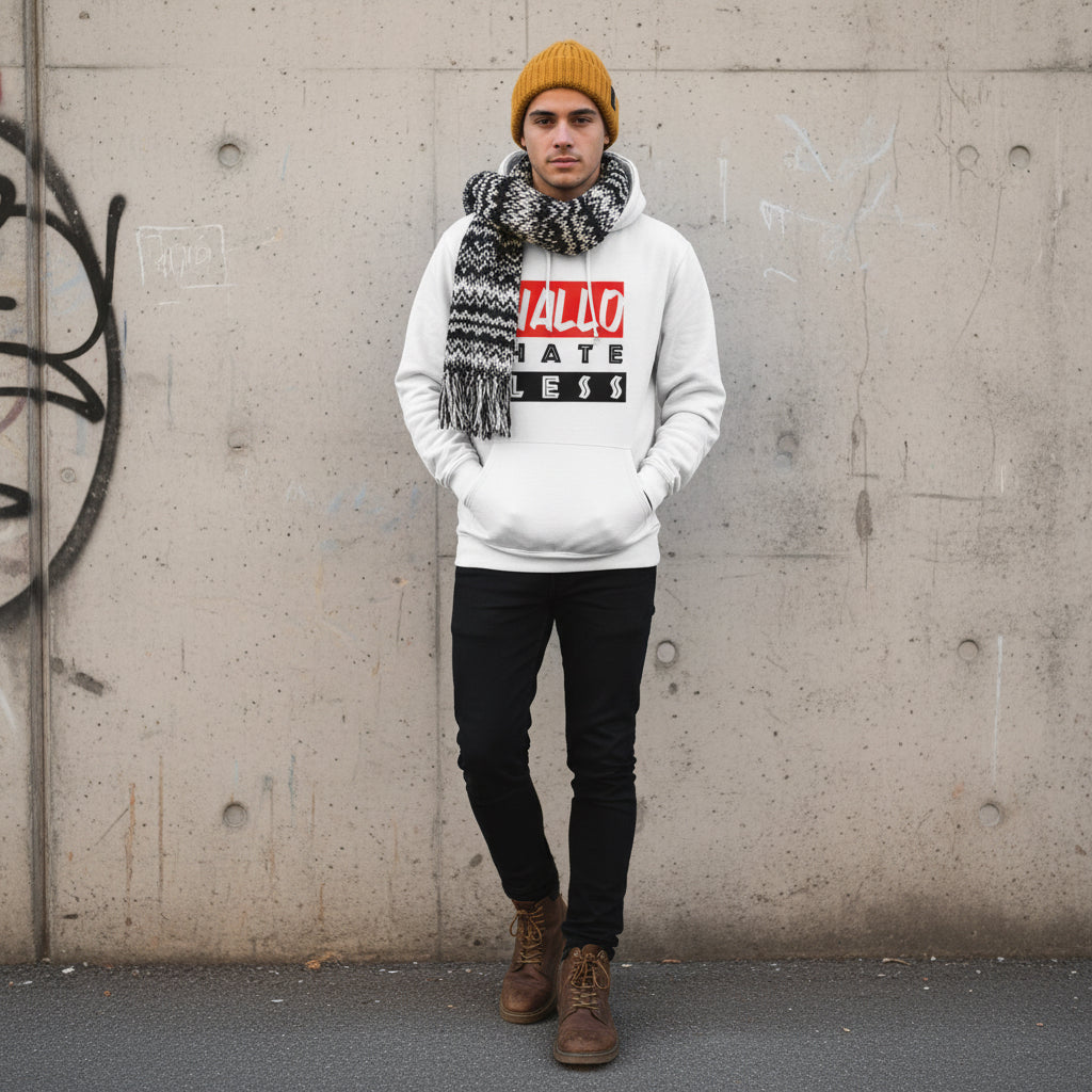Empowering College Hoodie - 'HALLO HATE LESS' Unisex Sweatshirt Printify