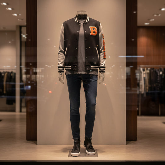 Varsity Letterman Jacket – Retro 'B' Patch Sleeve Design Printify