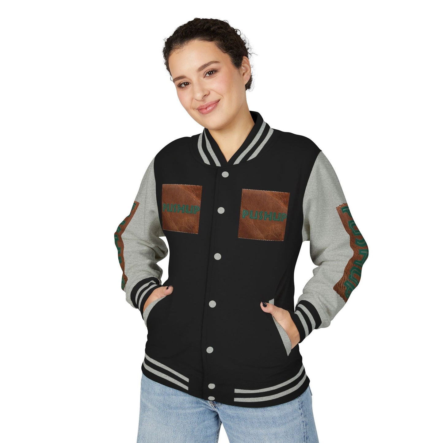 Unisex Heavyweight Letterman Jacket - Bold PUSHUP Design for Sporty Style Printify