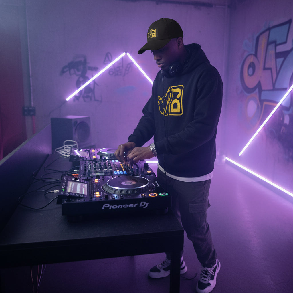 White Dad Cap with Gold DJ Logo Embroidery – Music Producer Hat Printify