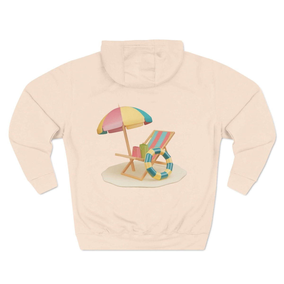 Back view of Sunny Resort Hoodie featuring a colorful beach chair and umbrella design, perfect for a relaxed summer vibe.