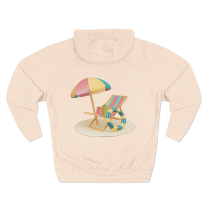 Back view of Sunny Resort Hoodie featuring a colorful beach chair and umbrella design, perfect for a relaxed summer vibe.